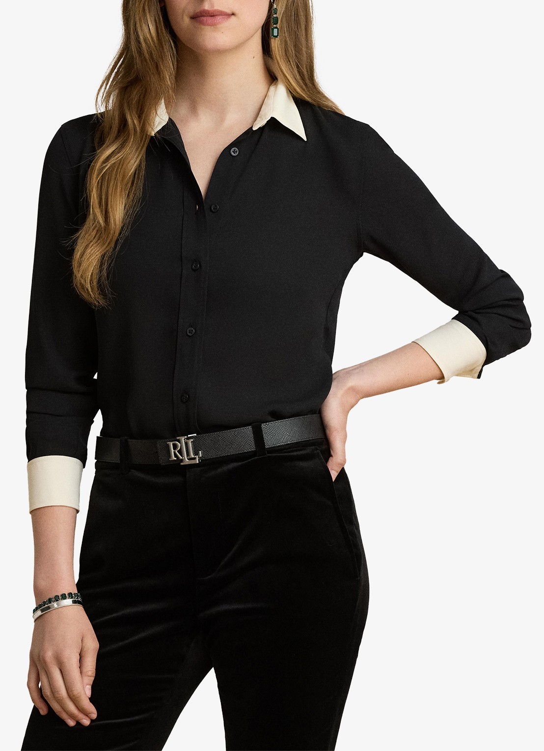 Ralph Lauren Blouse van satijn - detail black/mascarpone cream / zwart