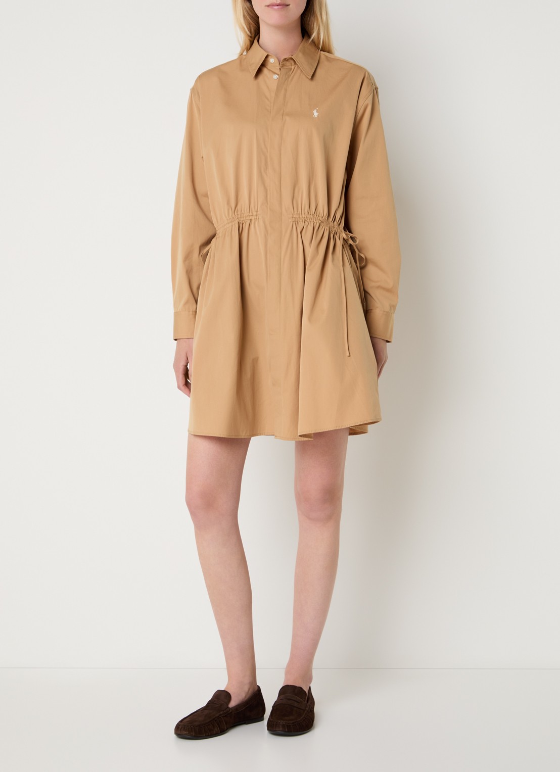Ralph Lauren Blousejurk van satijn met paspelzakken en trekkoord  - voorkant 3 camel