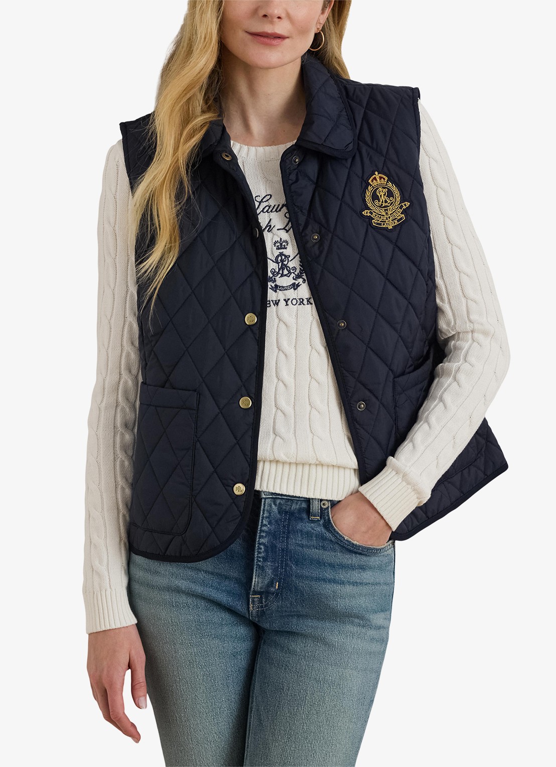 Ralph Lauren Bodywarmer met quilt patroon en opstikzakken - detail 4 blauw