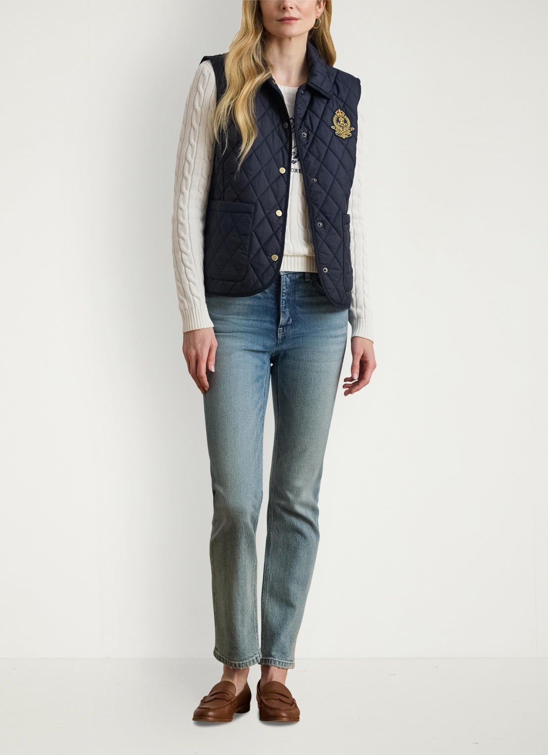 Ralph Lauren Bodywarmer met quilt patroon en opstikzakken - voorkant 3 blauw