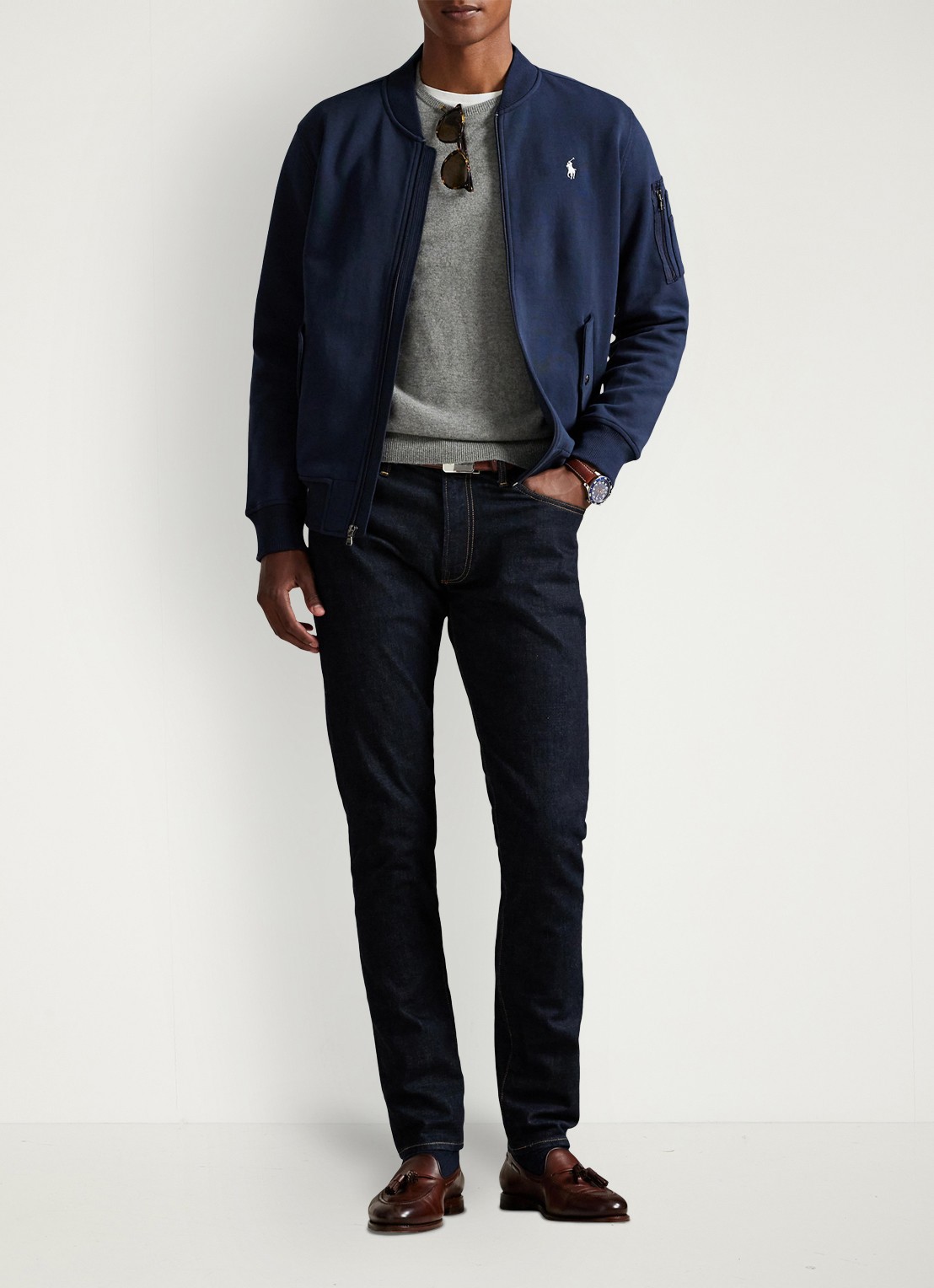 Ralph Lauren Bomberjack met klepzakken en logoborduring - voorkant 5 aviator navy / donkerblauw