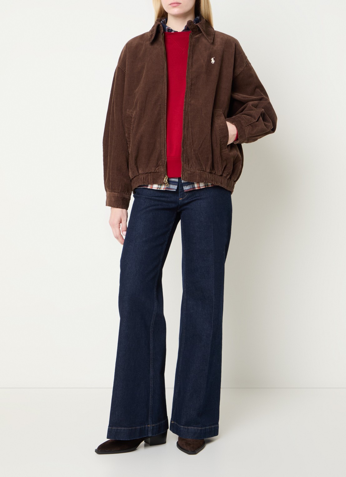 Ralph Lauren Bomberjack van corduroy met logoborduring - voorkant 2 roodbruin