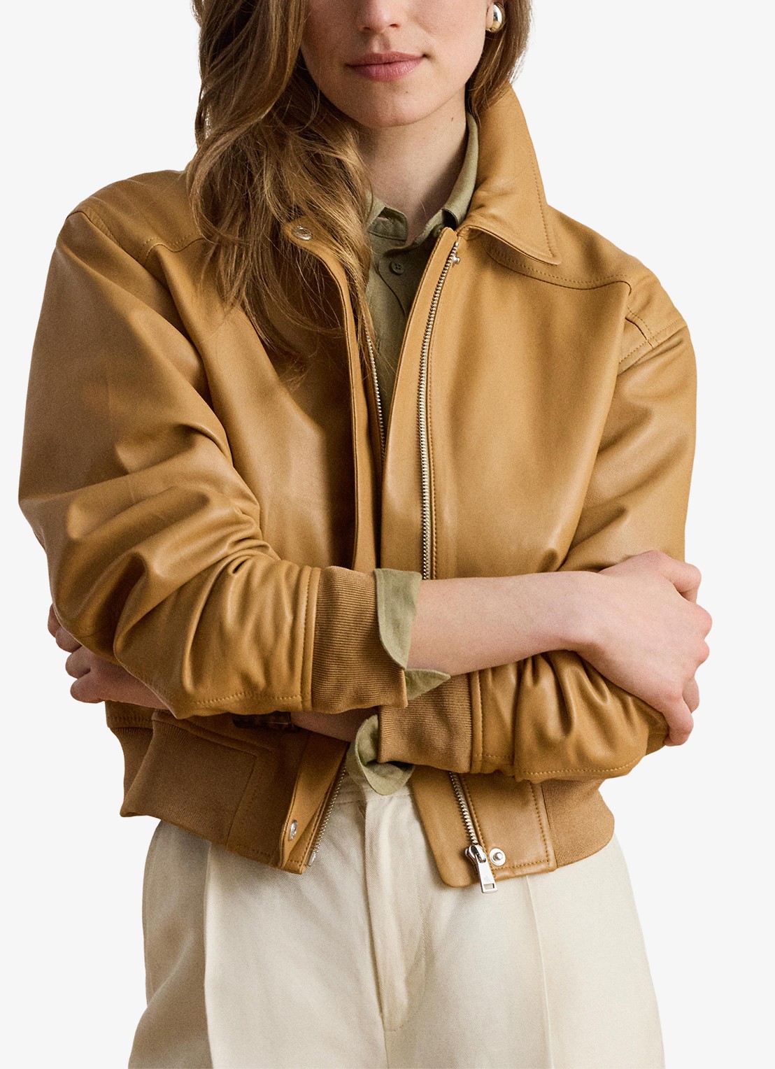 Ralph Lauren Bomberjack van lamsleer met steekzakken - detail caramel / beige
