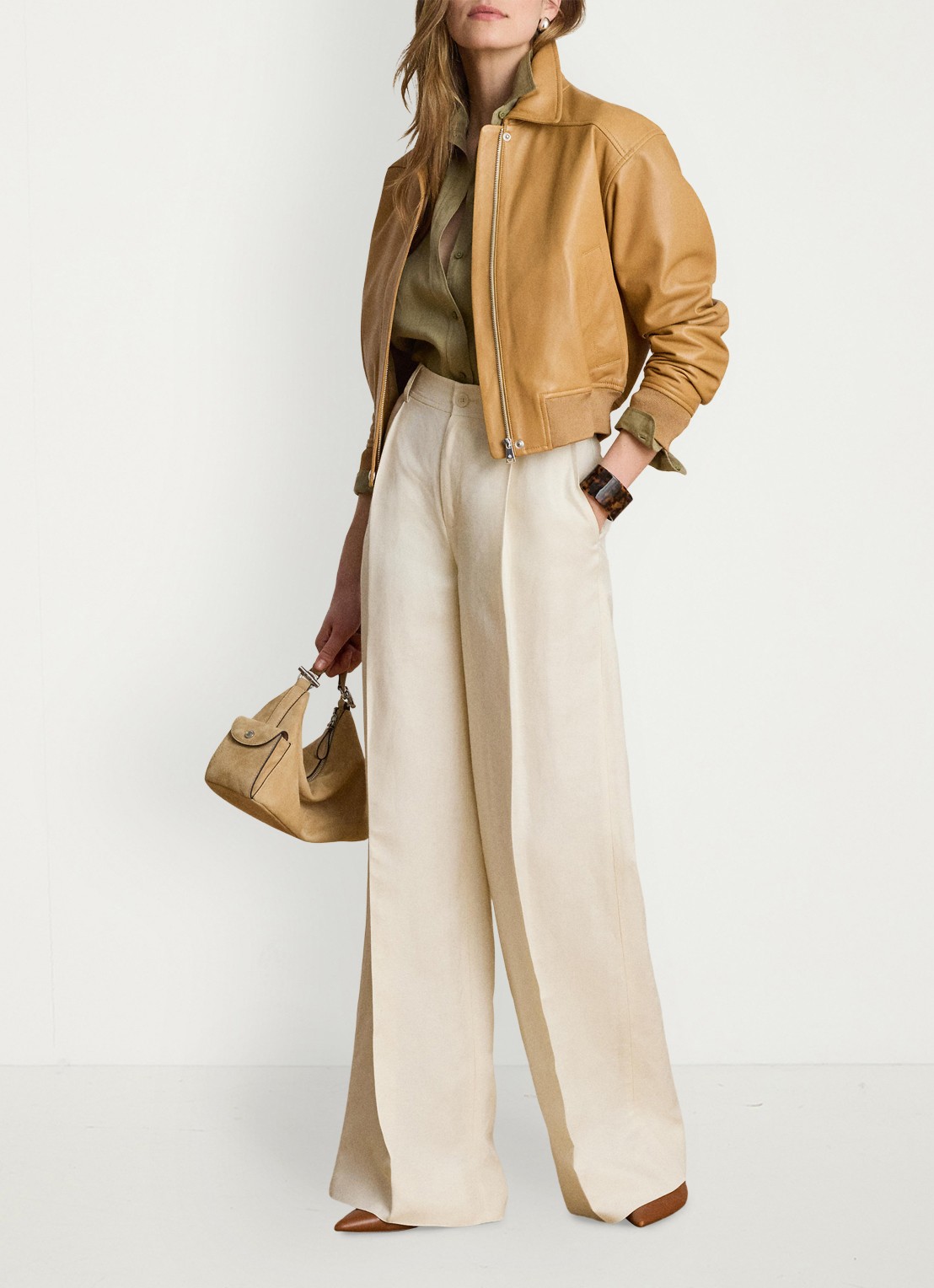 Ralph Lauren Bomberjack van lamsleer met steekzakken - voorkant 4 caramel / beige