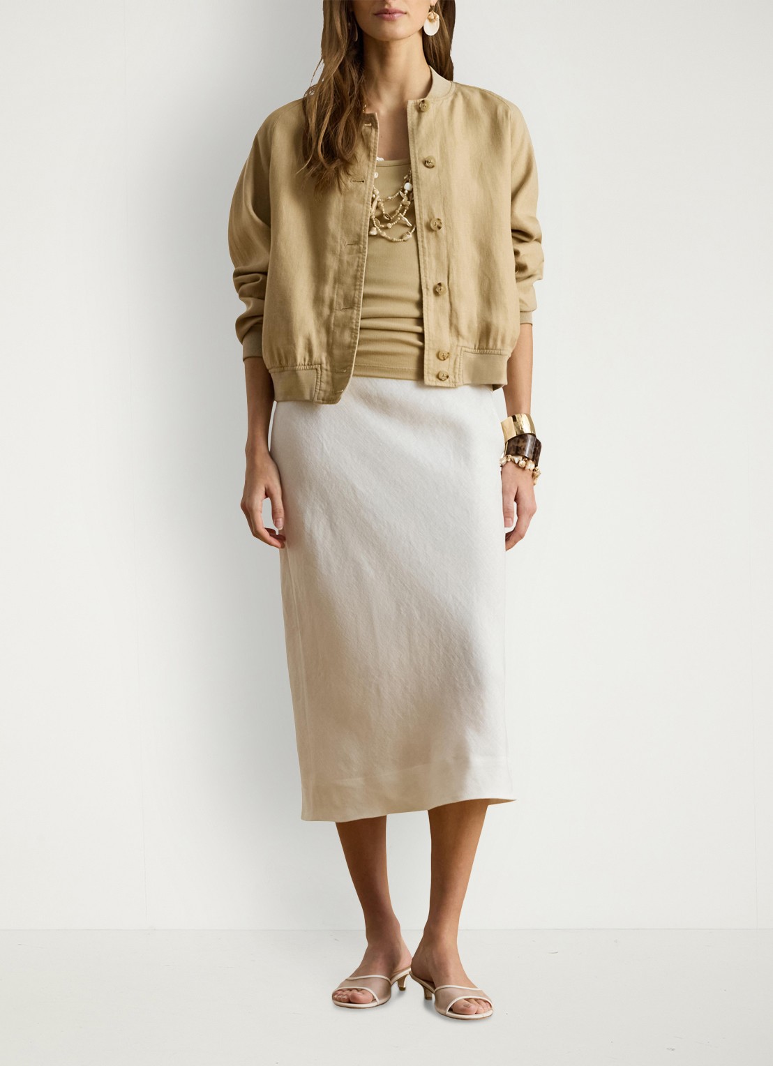 Ralph Lauren Bomberjack van linnen met steekzakken - voorkant 3 birch tan / beige