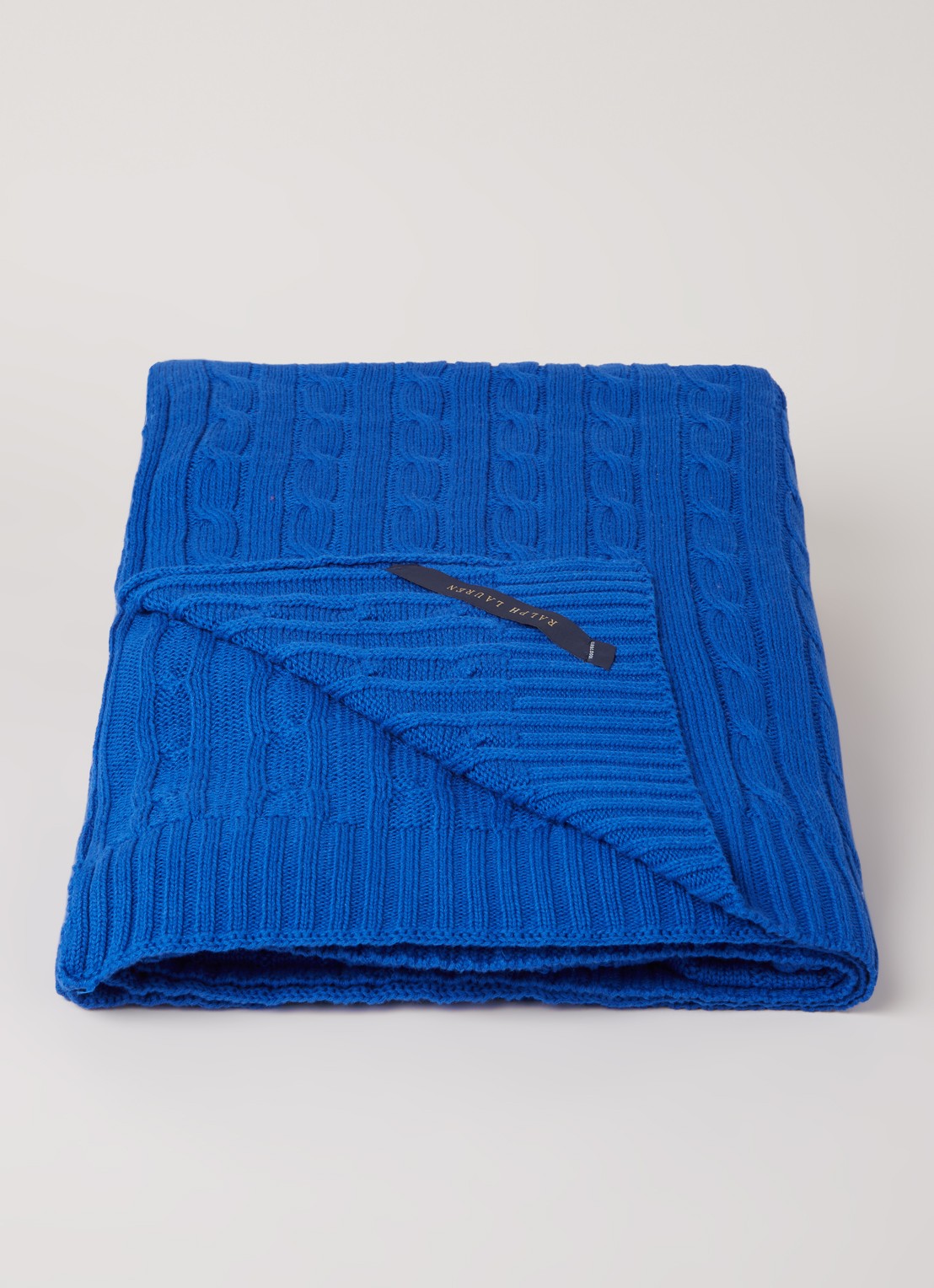 Ralph Lauren Cable plaid van katoen 127 x 177 cm - voorkant 2 kobaltblauw