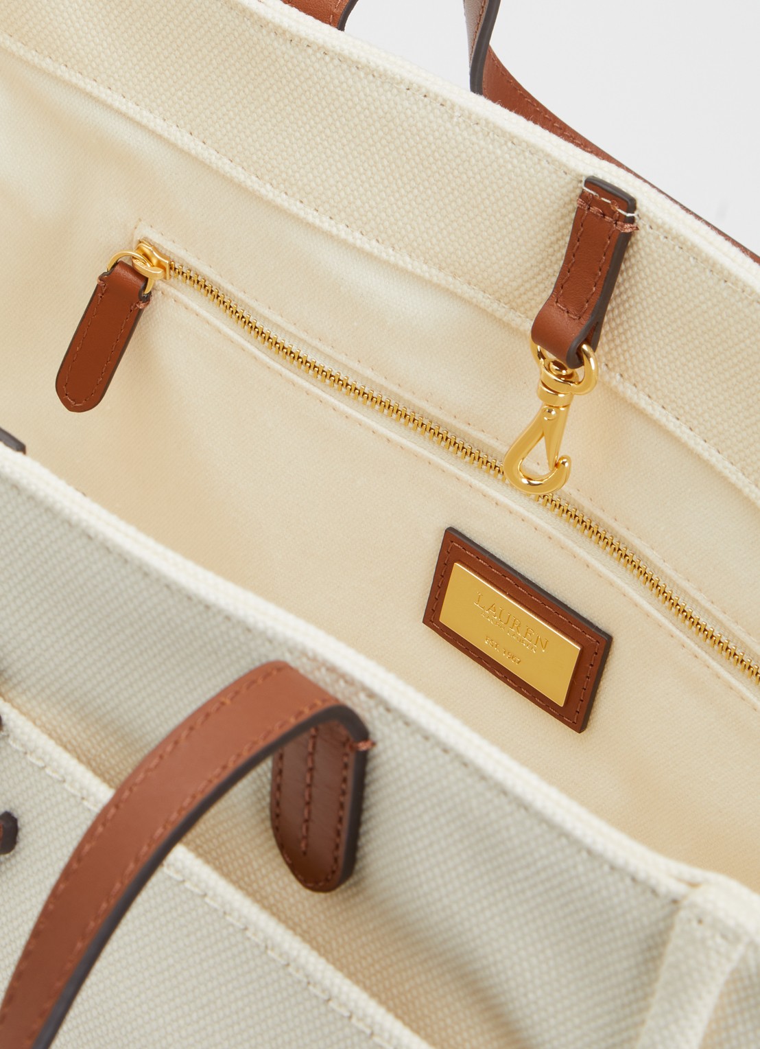 Ralph Lauren Cameryn shopper van canvas met details van leer  - detail beige