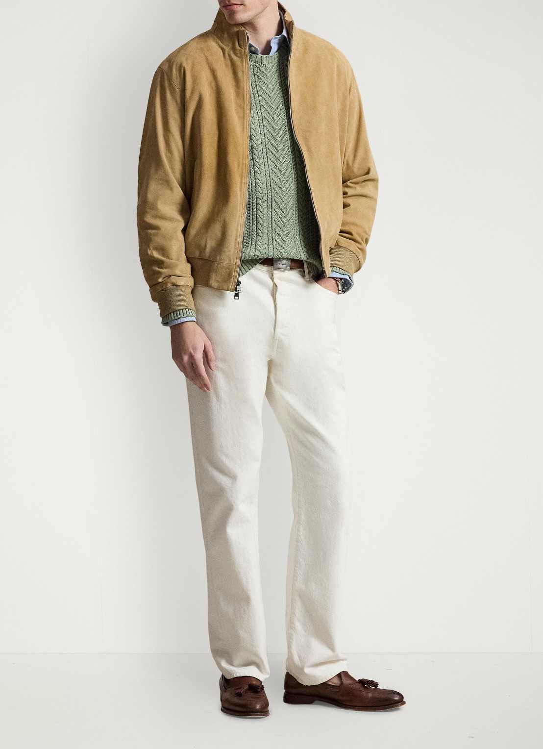 Ralph Lauren Charleton jack van geitensuède met opstaande kraag - voorkant 2 cafe tan suede / beige