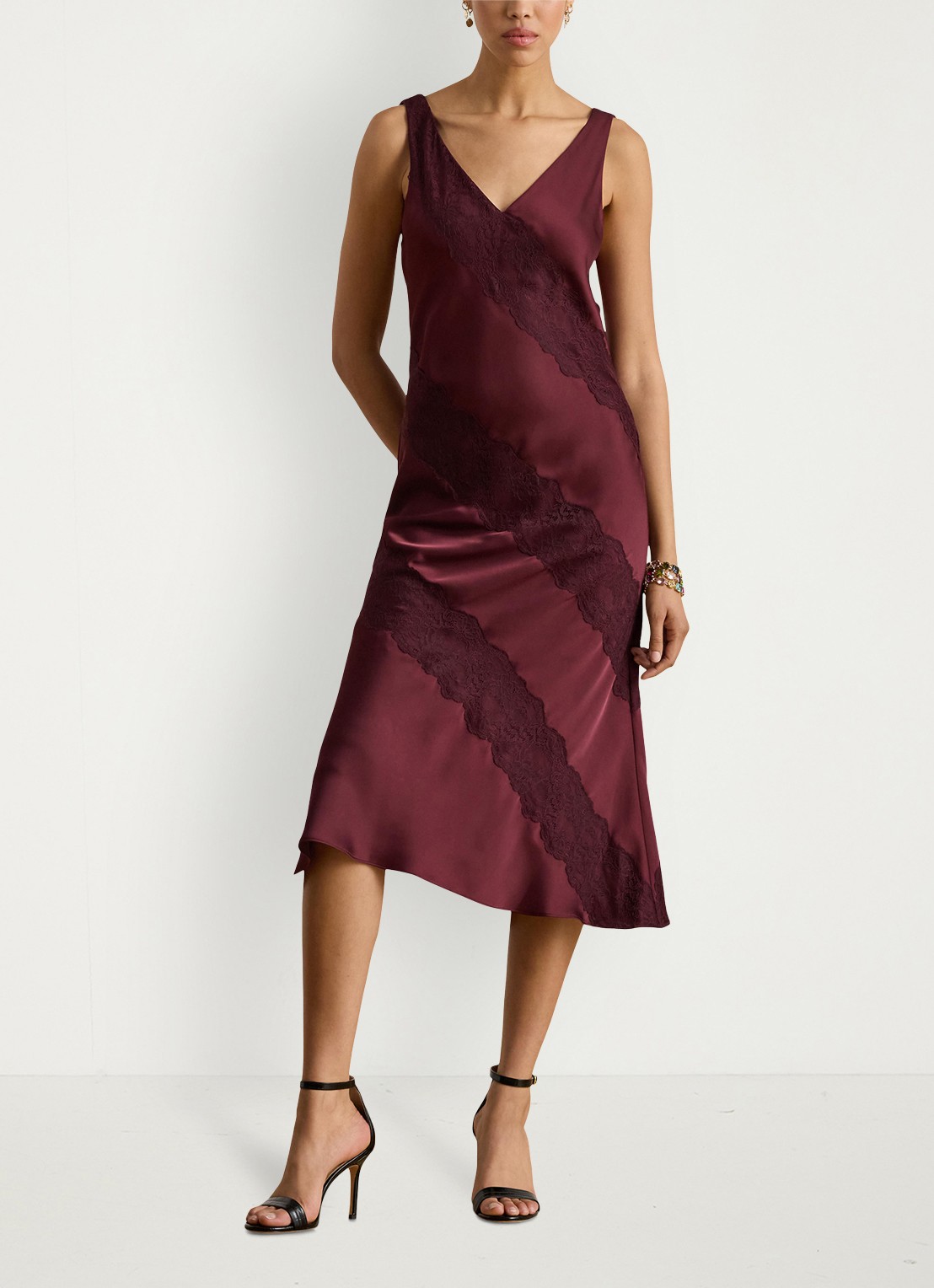 Ralph Lauren Charmeuse midi jurk met details van kant - detail 2 dark garnet / bordeauxrood