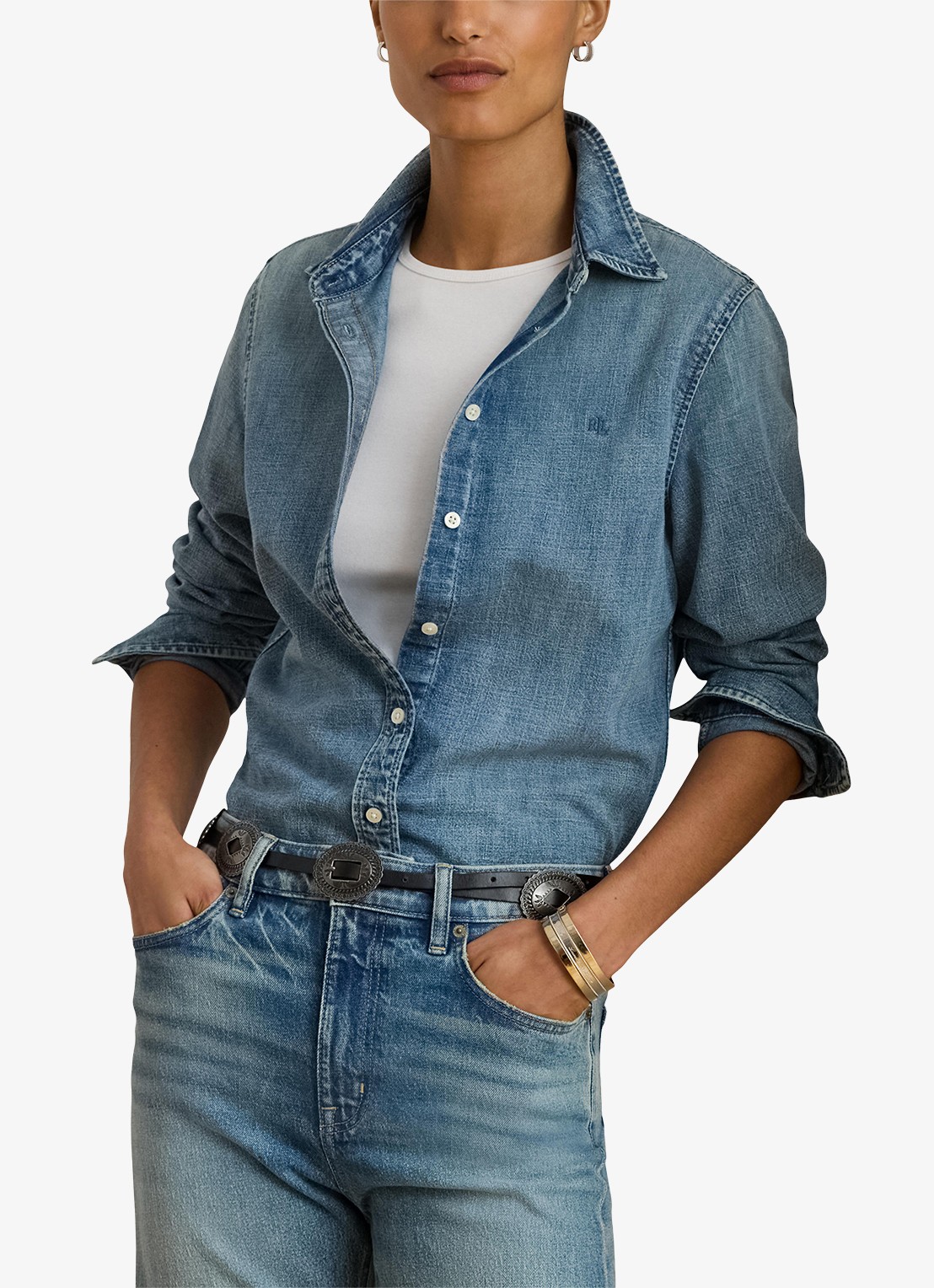Ralph Lauren Classic fit blouse van denim met logoborduring - detail indigo