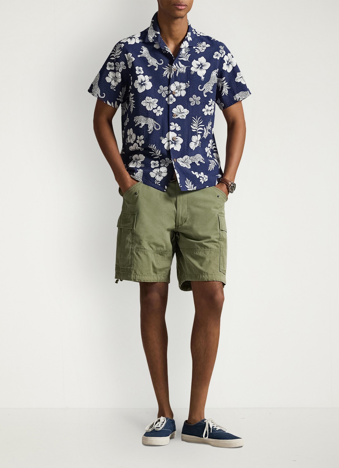 Ralph Lauren Classic fit overhemd met bloemenprint en structuur - voorkant 2 jaguar tropical / donkerblauw