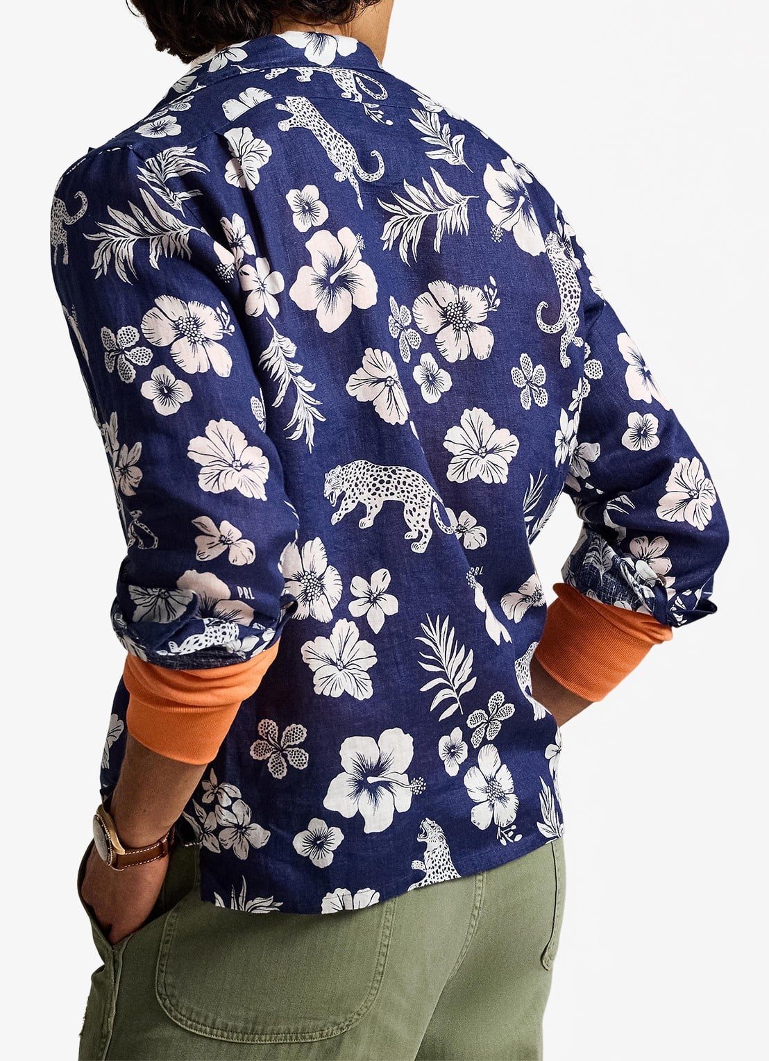 Ralph Lauren Classic fit overhemd van linnen met bloemenprint - achterkant 7 7163 jaguar tropical / donkerblauw