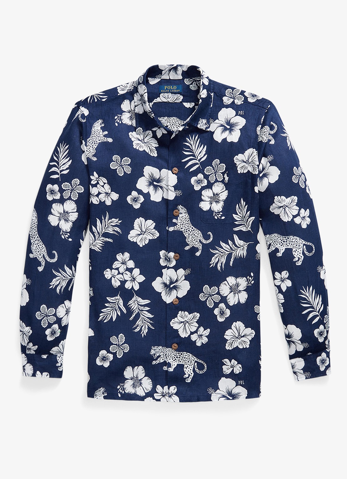 Ralph Lauren Classic fit overhemd van linnen met bloemenprint - voorkant 7163 jaguar tropical / donkerblauw