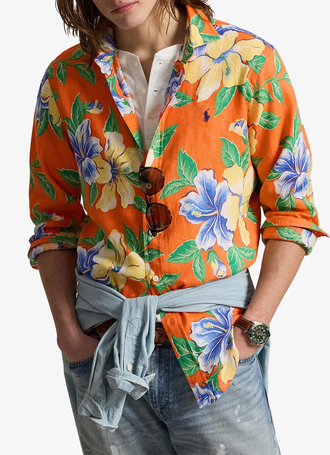 Ralph Lauren Classic fit overhemd van linnen met bloemenprint - detail 3 orange iconic hibiscus / oranje