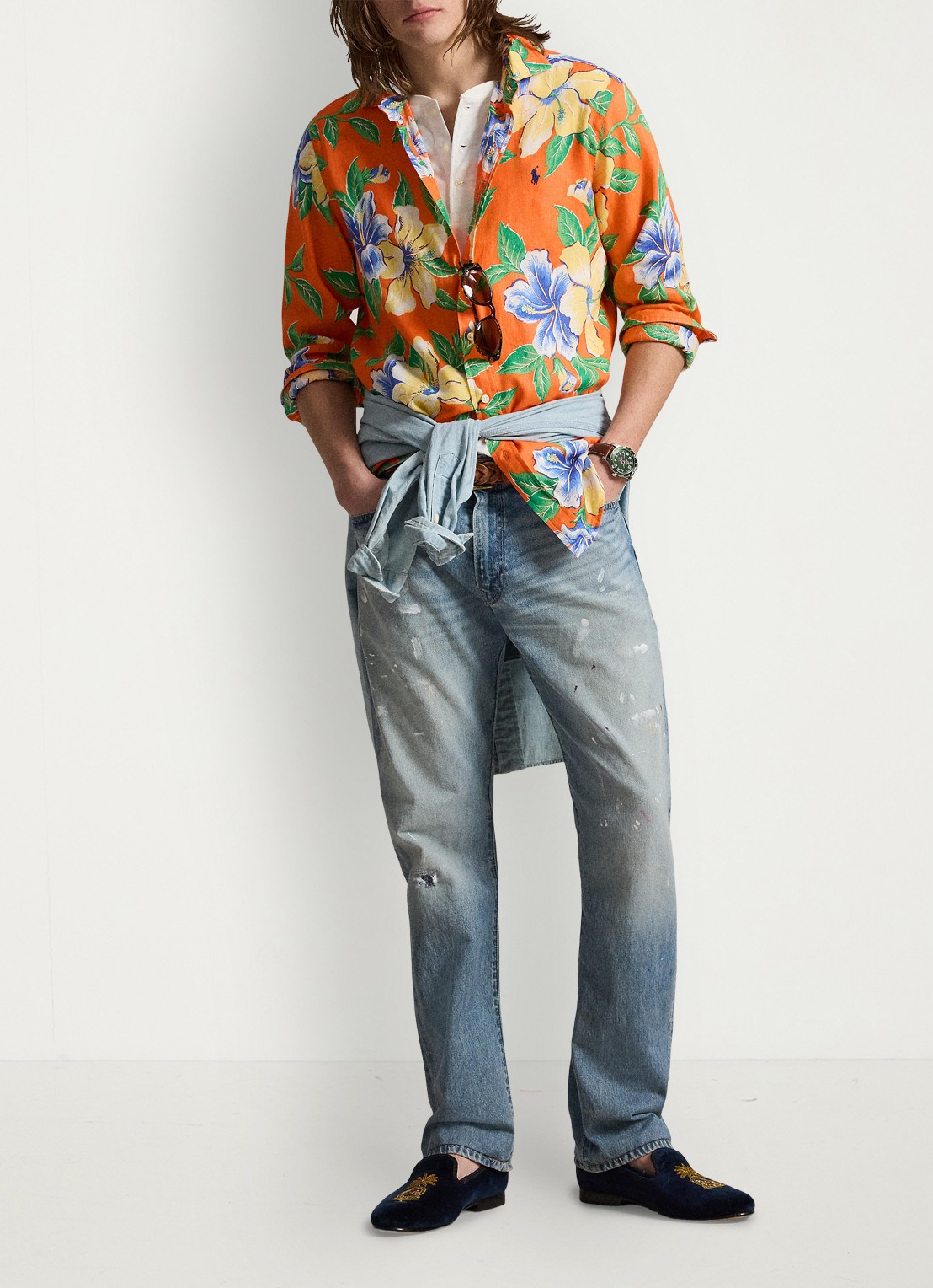 Ralph Lauren Classic fit overhemd van linnen met bloemenprint - detail 4 orange iconic hibiscus / oranje