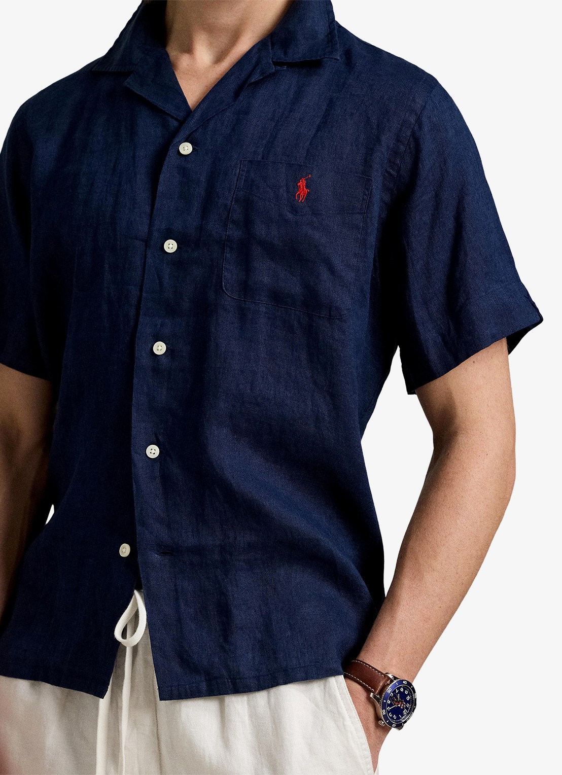 Ralph Lauren Classic fit overhemd van linnen met borstzak - detail 5 donkerblauw