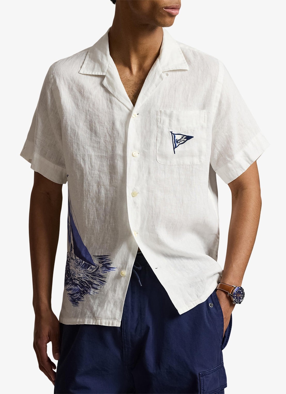 Ralph Lauren Classic fit overhemd van linnen met print - detail 2 vintage nautical sail / gebroken wit
