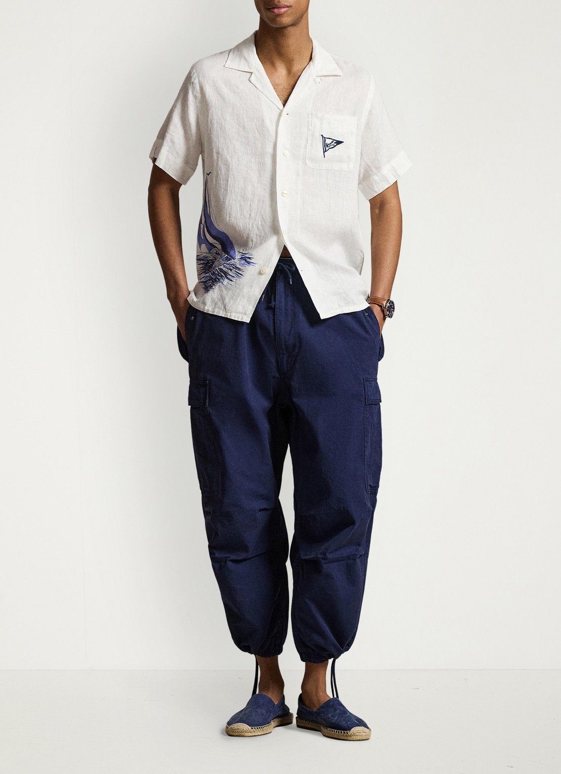 Ralph Lauren Classic fit overhemd van linnen met print - voorkant 5 vintage nautical sail / gebroken wit