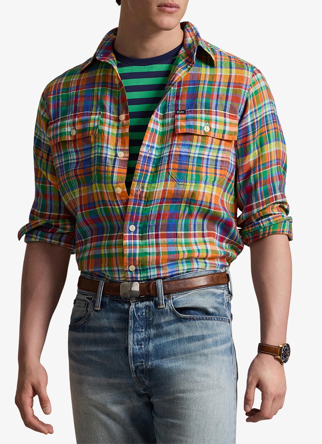 Ralph Lauren Classic fit overhemd van linnen met ruitdessin - detail 4 orange royal multi / oranje