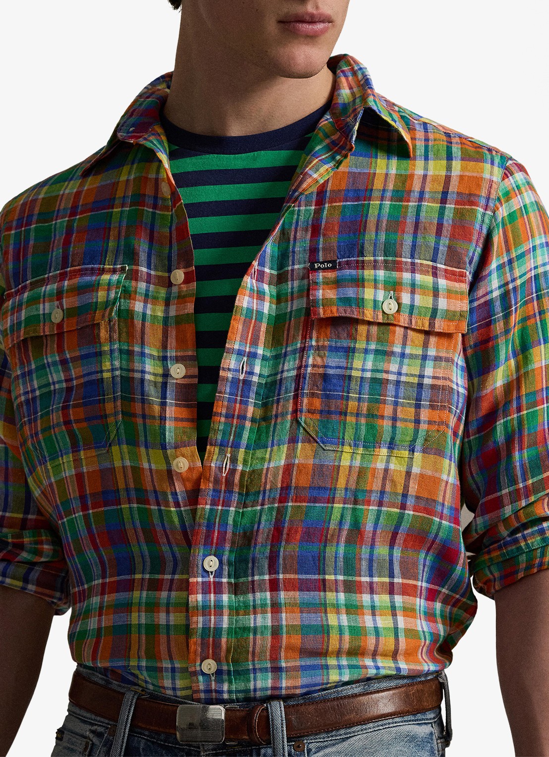 Ralph Lauren Classic fit overhemd van linnen met ruitdessin - detail 5 orange royal multi / oranje