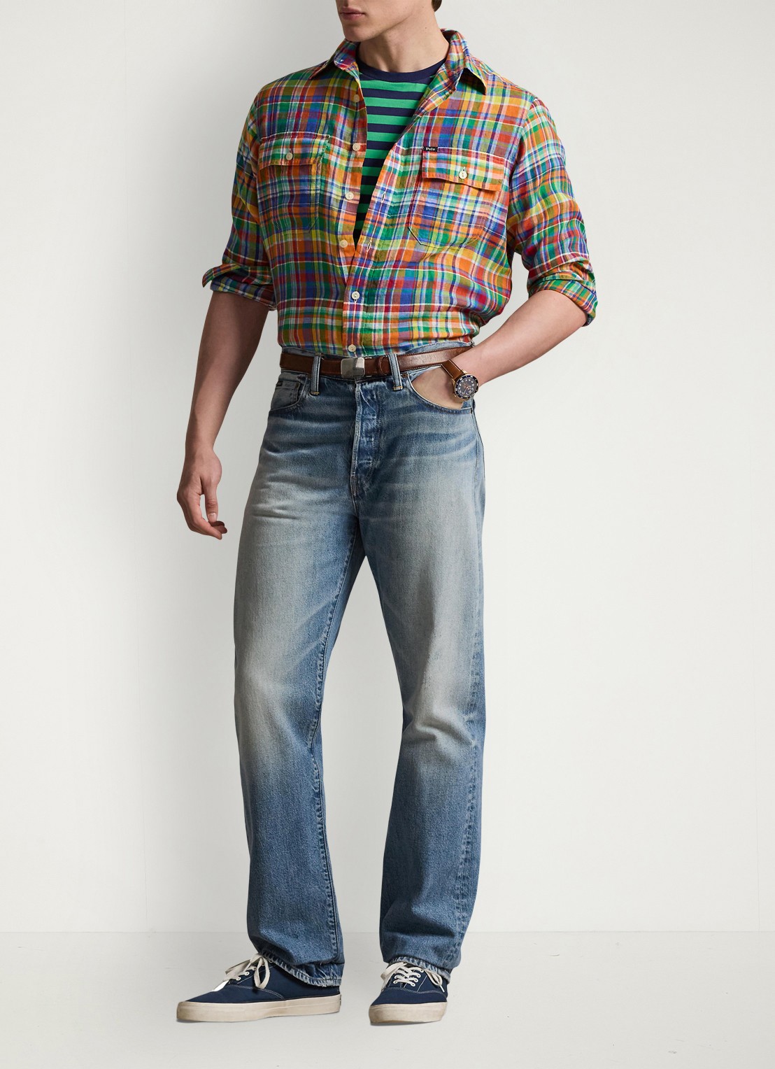 Ralph Lauren Classic fit overhemd van linnen met ruitdessin - voorkant 2 orange royal multi / oranje