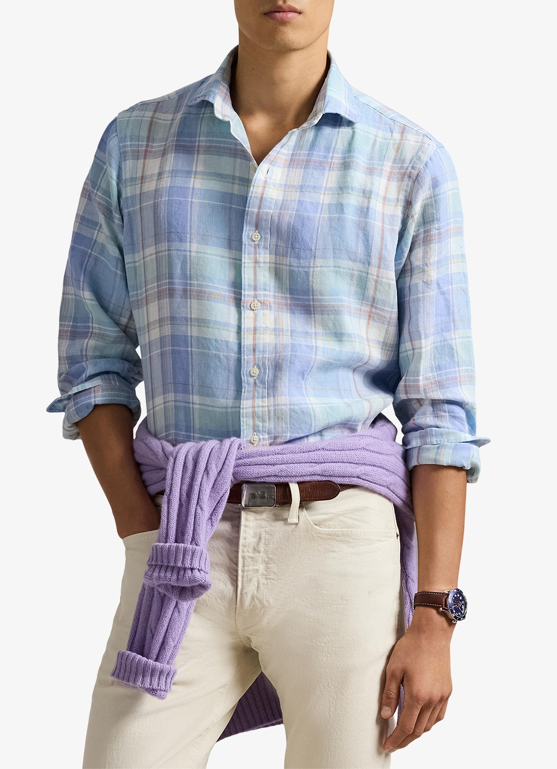 Ralph Lauren Classic fit overhemd van linnen met ruitdessin - detail 4 7105a blue orange multi-zyhr