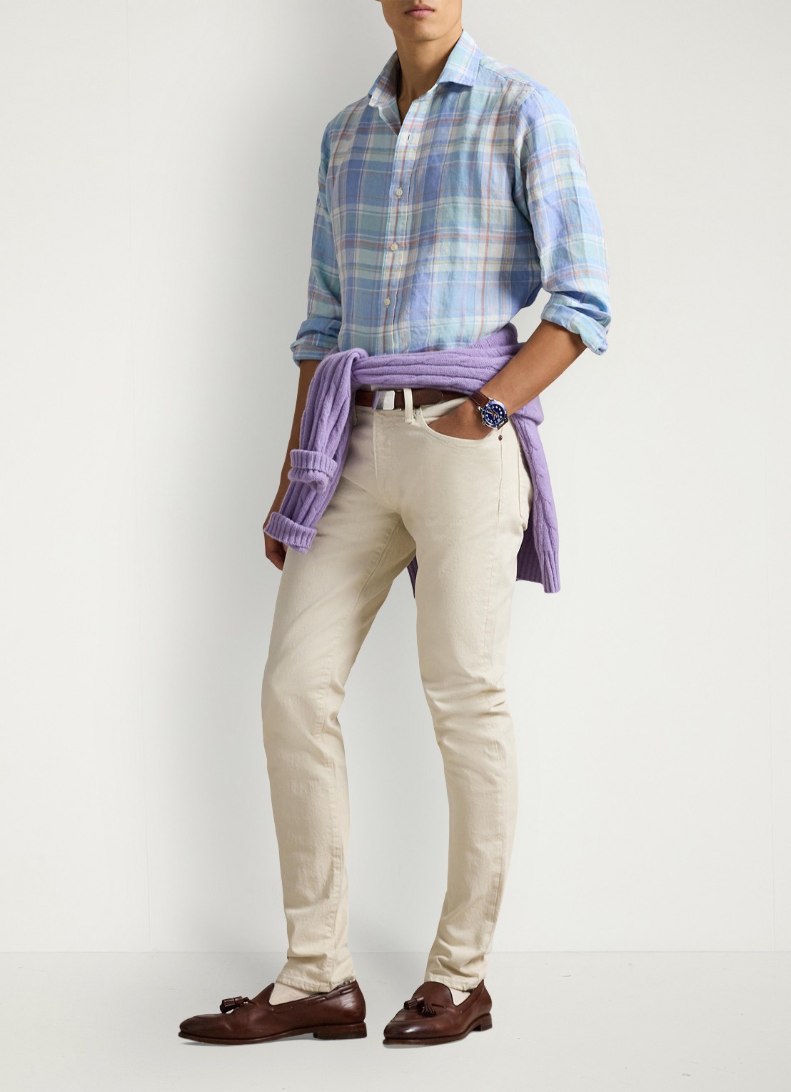 Ralph Lauren Classic fit overhemd van linnen met ruitdessin - voorkant 2 7105a blue orange multi-zyhr