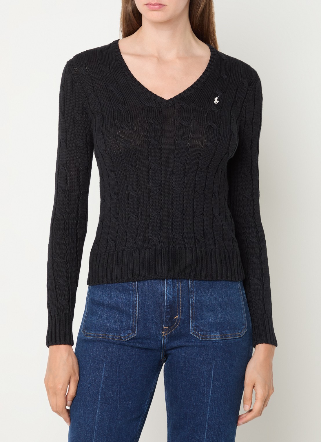 Ralph Lauren Classic kabelgebreide pullover met V-hals - detail zwart