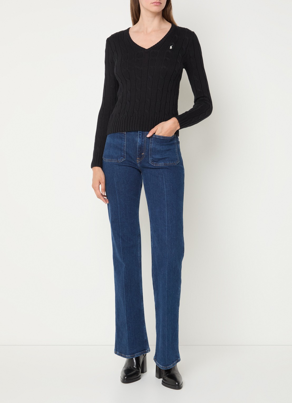 Ralph Lauren Classic kabelgebreide pullover met V-hals - voorkant 3 zwart