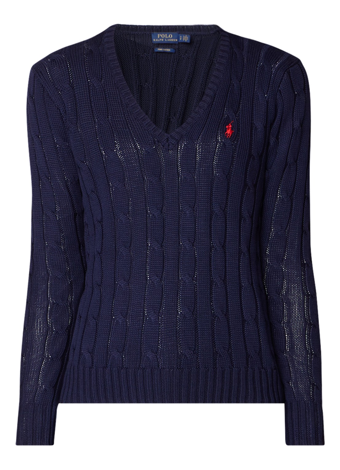 Ralph Lauren Classic kabelgebreide pullover met V-hals - voorkant 2 donkerblauw