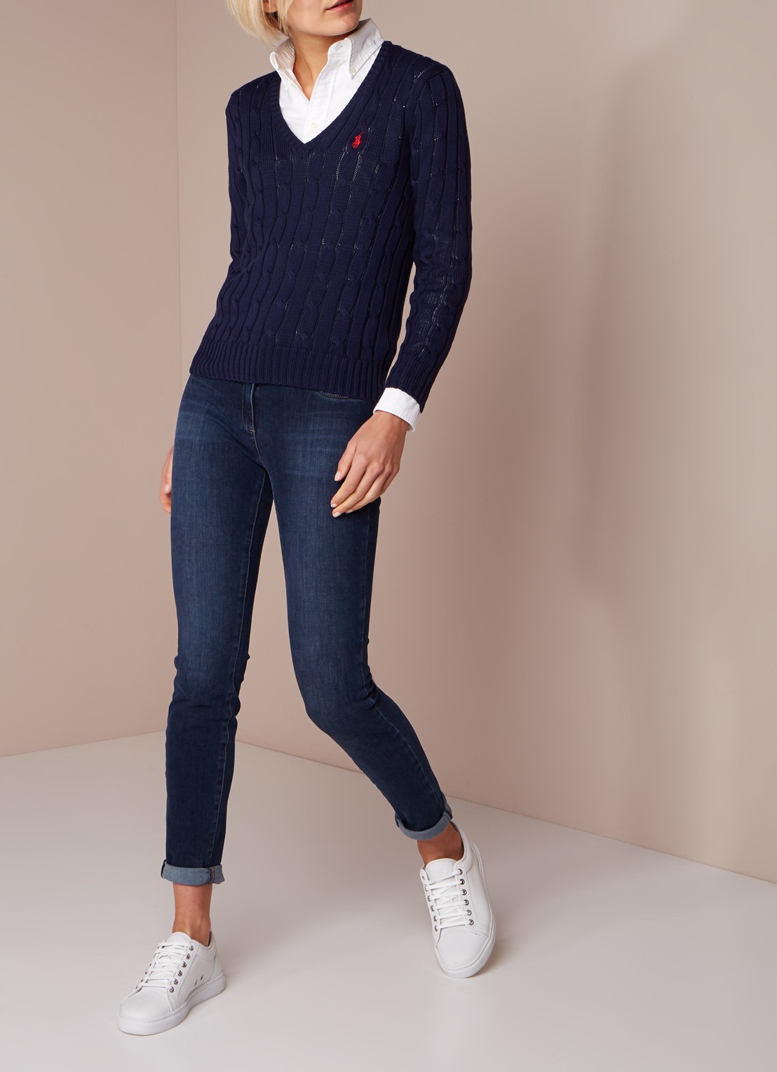 Ralph Lauren Classic kabelgebreide pullover met V-hals - voorkant 3 donkerblauw