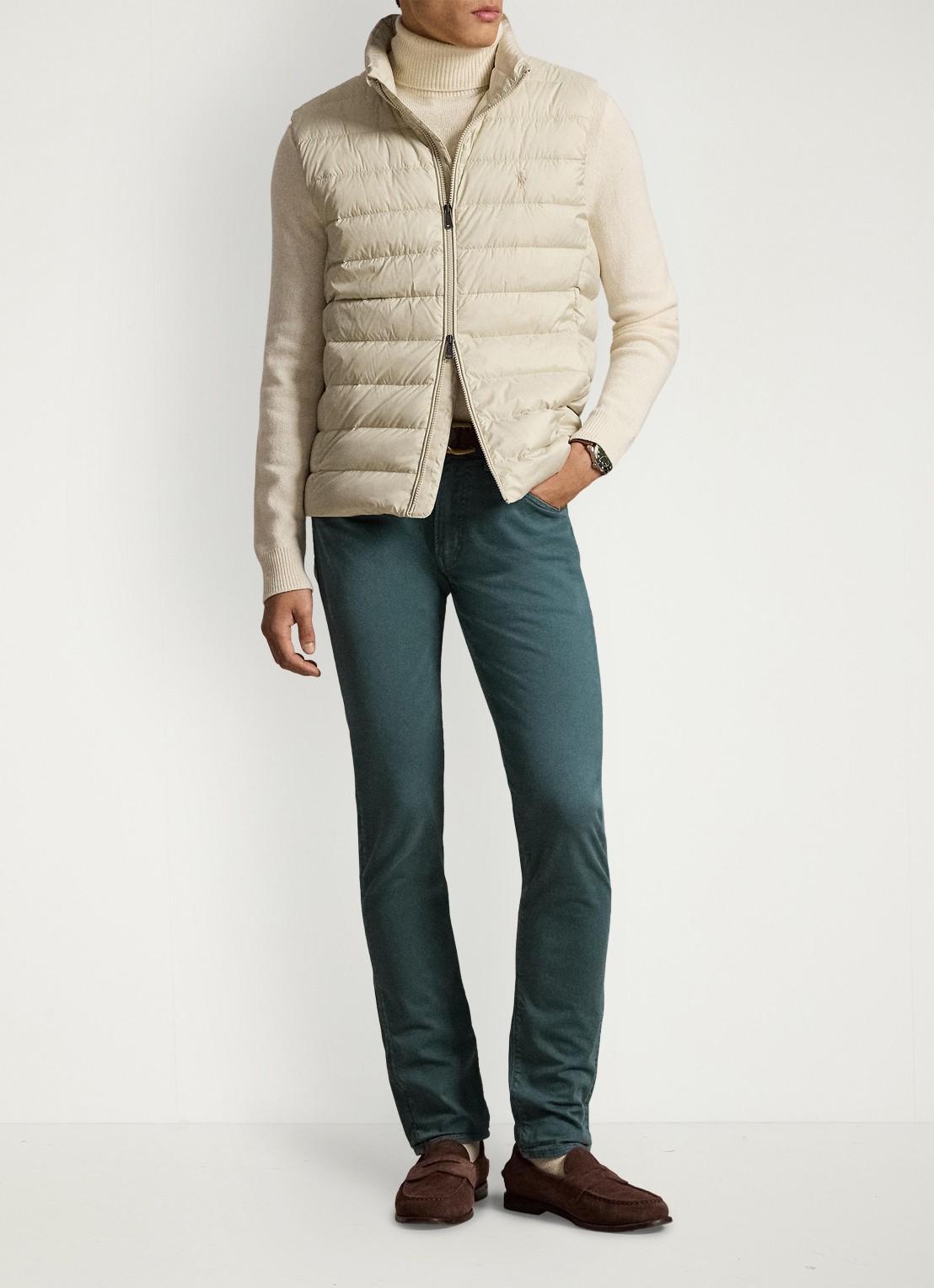 Ralph Lauren Colden opvouwbare bodywarmer met donsvulling en waterafstotende coating - voorkant 3 basic sand / zand