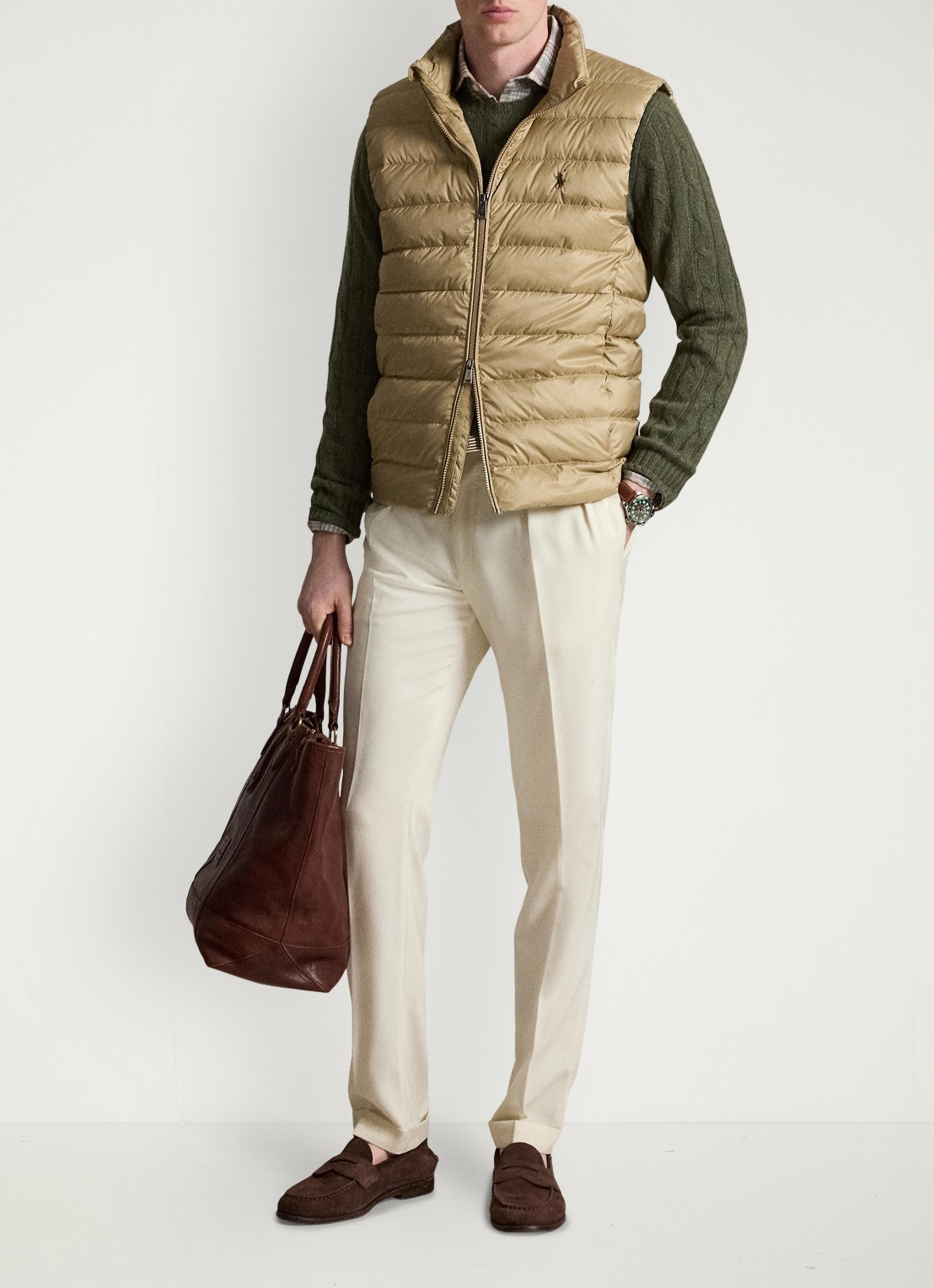 Ralph Lauren Colden opvouwbare bodywarmer met donsvulling en waterafstotende coating - voorkant 6 rl khaki / khaki
