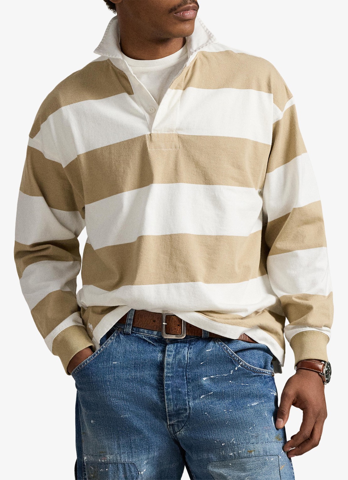Ralph Lauren Comfort fit polo met streepprint - voorkant 3 trophy cream/classic khaki / khaki