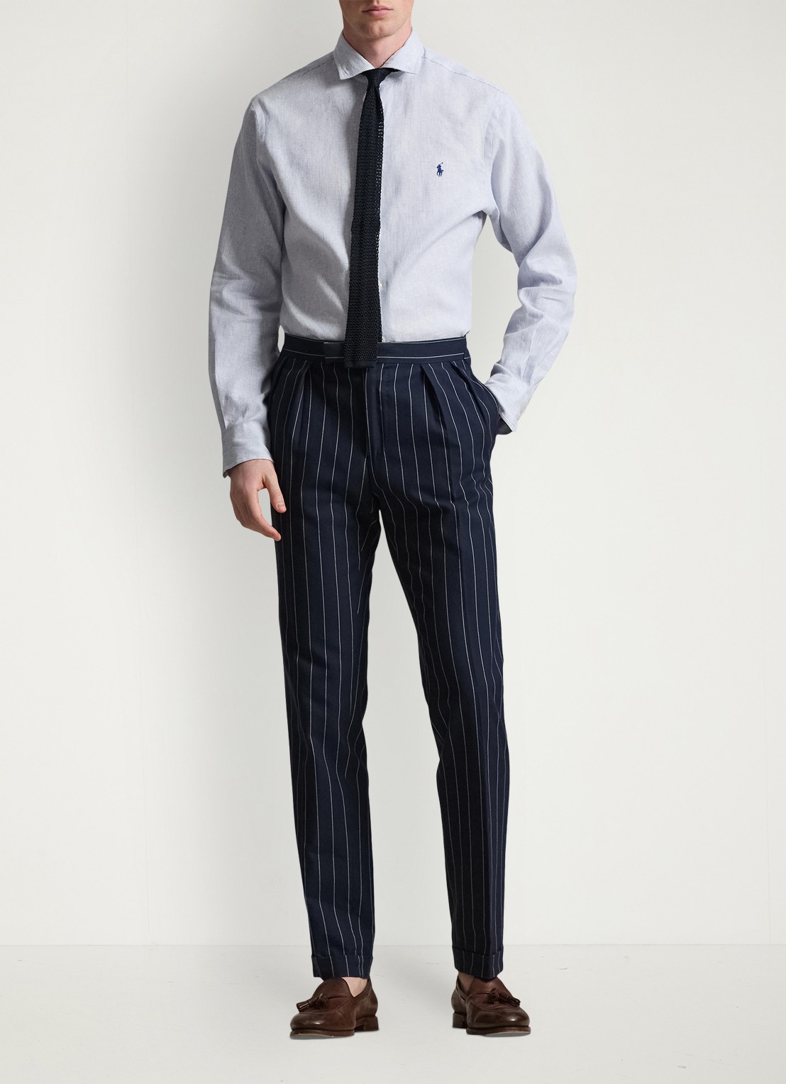 Ralph Lauren Costum fit overhemd in linnenblend met streepprint - voorkant 5 cabana /blue white / blauw