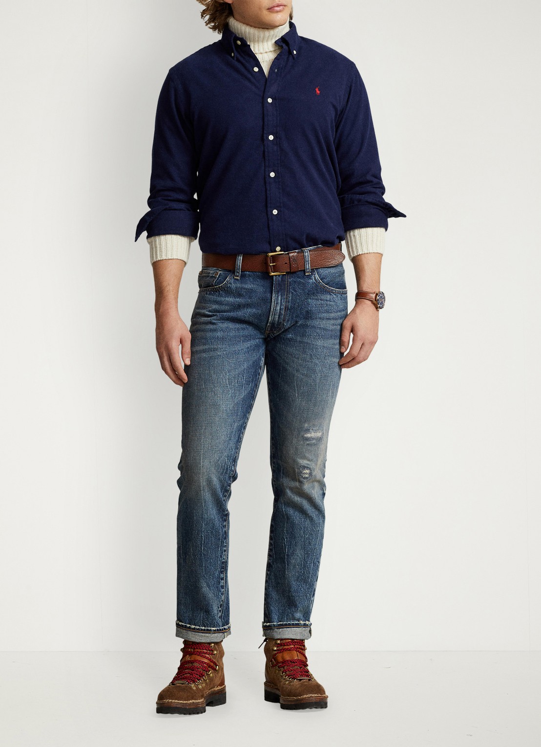Ralph Lauren Costum fit overhemd met logoborduring - detail newport navy / donkerblauw
