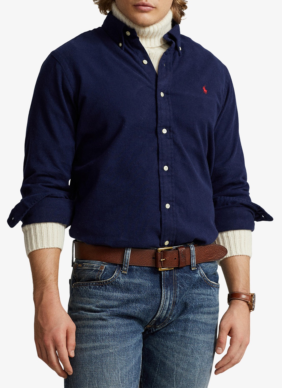 Ralph Lauren Costum fit overhemd met logoborduring - voorkant 5 newport navy / donkerblauw
