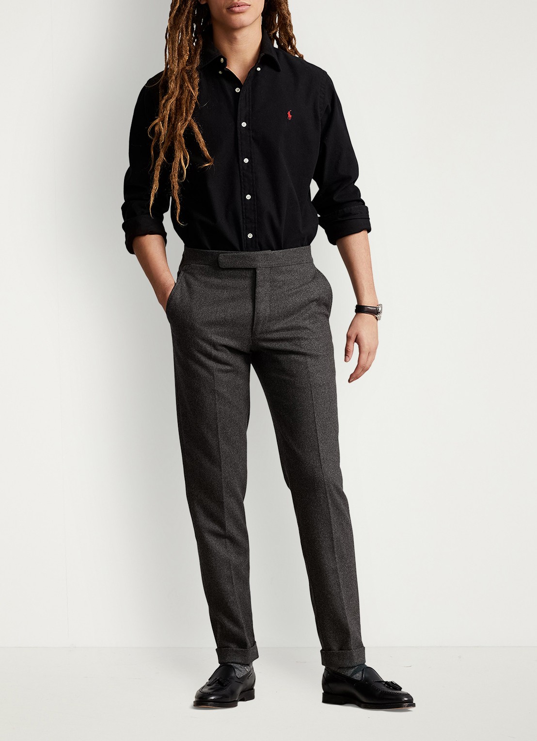 Ralph Lauren Costum fit overhemd met logoborduring - voorkant 2 polo black / zwart