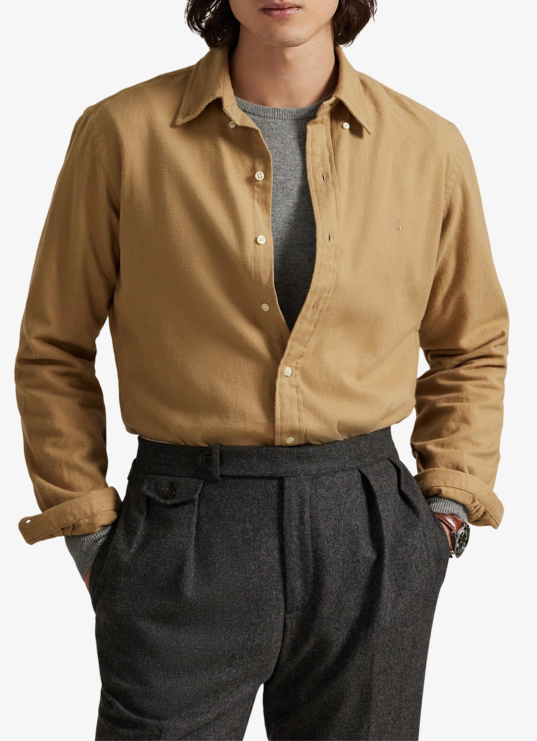 Ralph Lauren Costum fit overhemd met logoborduring - detail rl khaki / khaki
