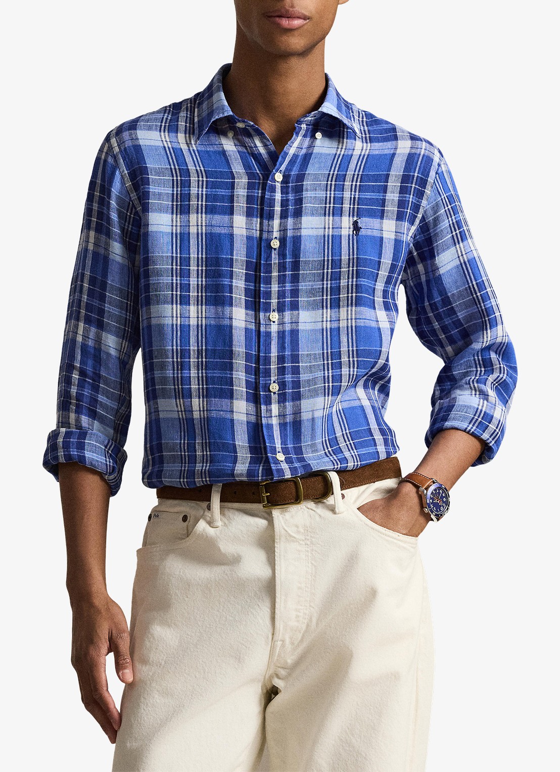 Ralph Lauren Costum fit overhemd van linnen met ruitdessin - detail 3 blue multi / blauw