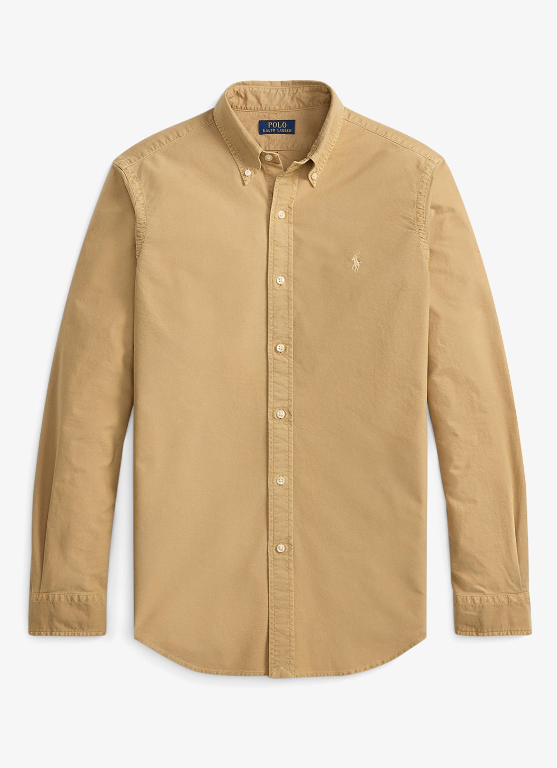 Ralph Lauren Custom fit garment-dyed Oxford overhemd - voorkant cafe tan