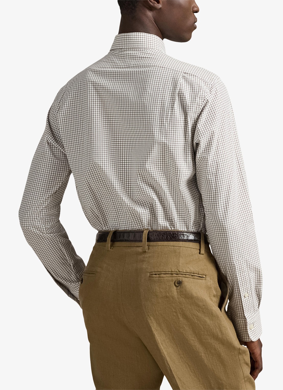 Ralph Lauren Custom fit geruit stretchpoplin overhemd - achterkant white chocolate brown / bruin