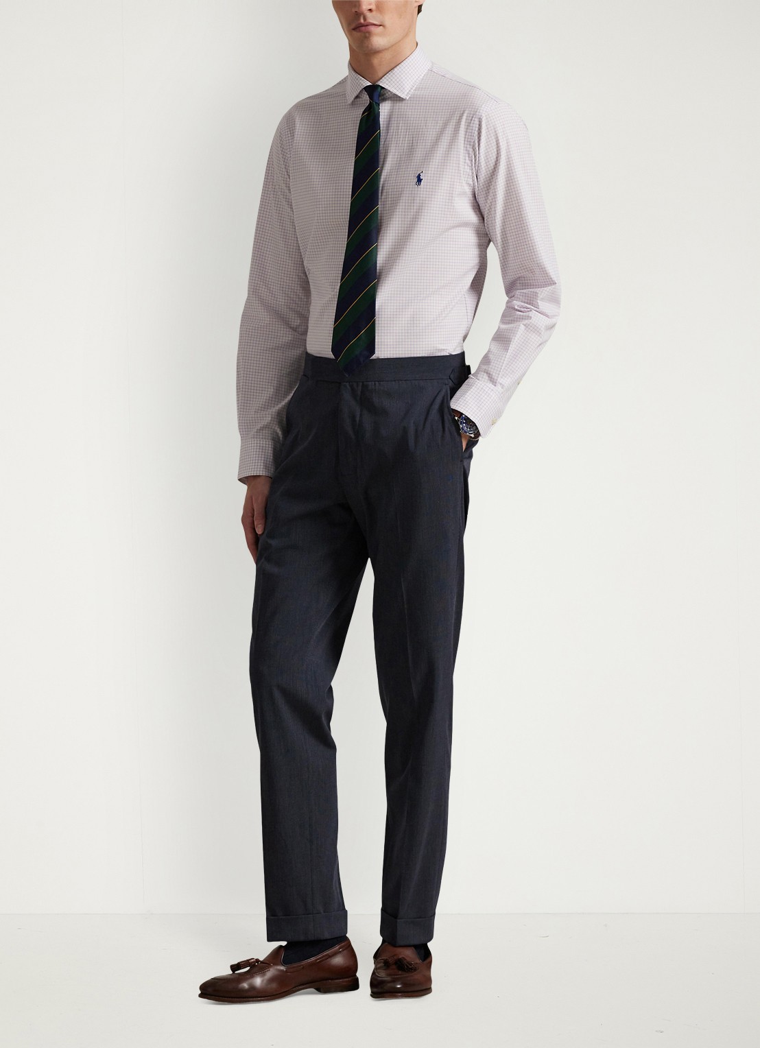 Ralph Lauren Custom fit geruit stretchpoplin overhemd - voorkant 2 white light lilac / lichtroze-486o