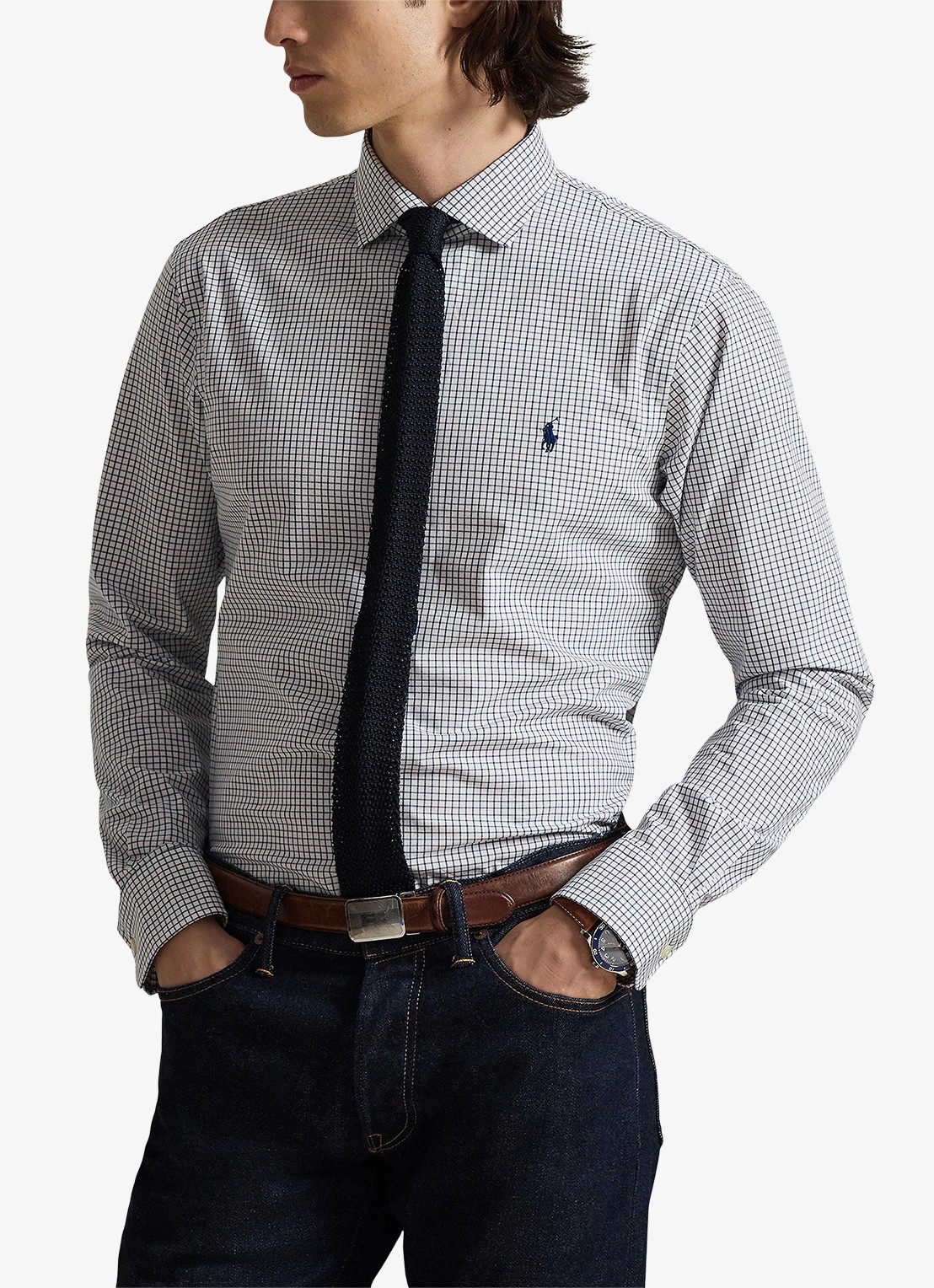 Ralph Lauren Custom fit geruit stretchpoplin overhemd - detail white new classic navy