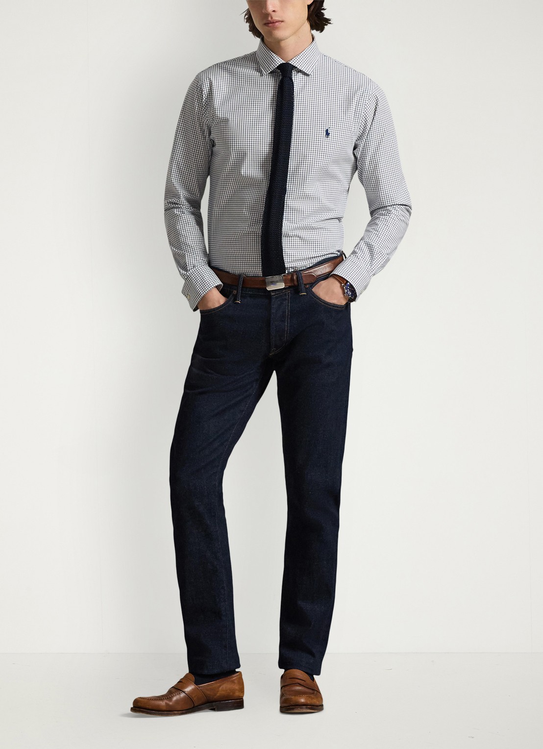 Ralph Lauren Custom fit geruit stretchpoplin overhemd - voorkant 4 white new classic navy