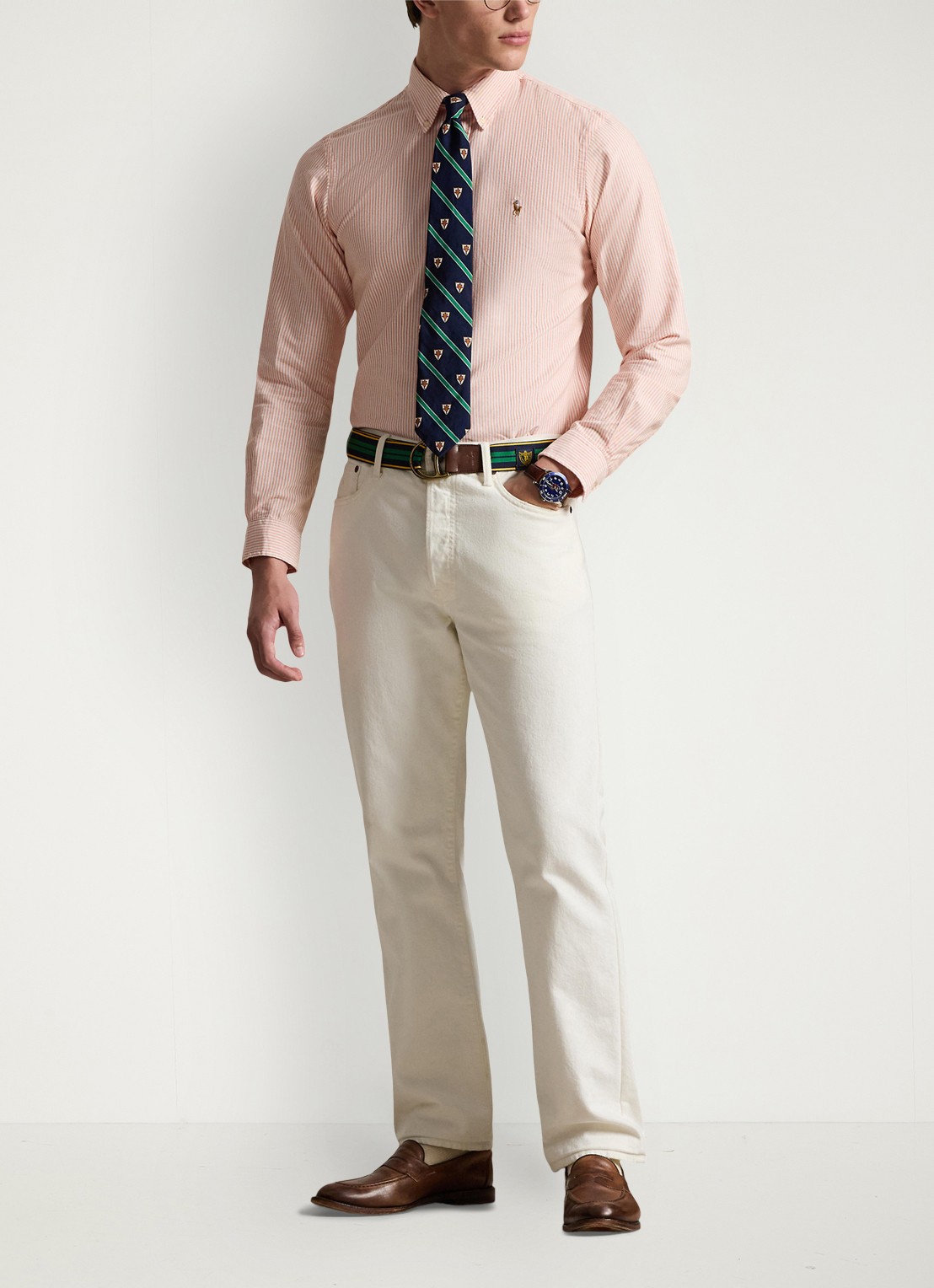 Ralph Lauren Custom fit gestreept Oxford overhemd - voorkant 2 peach / white / zalmroze