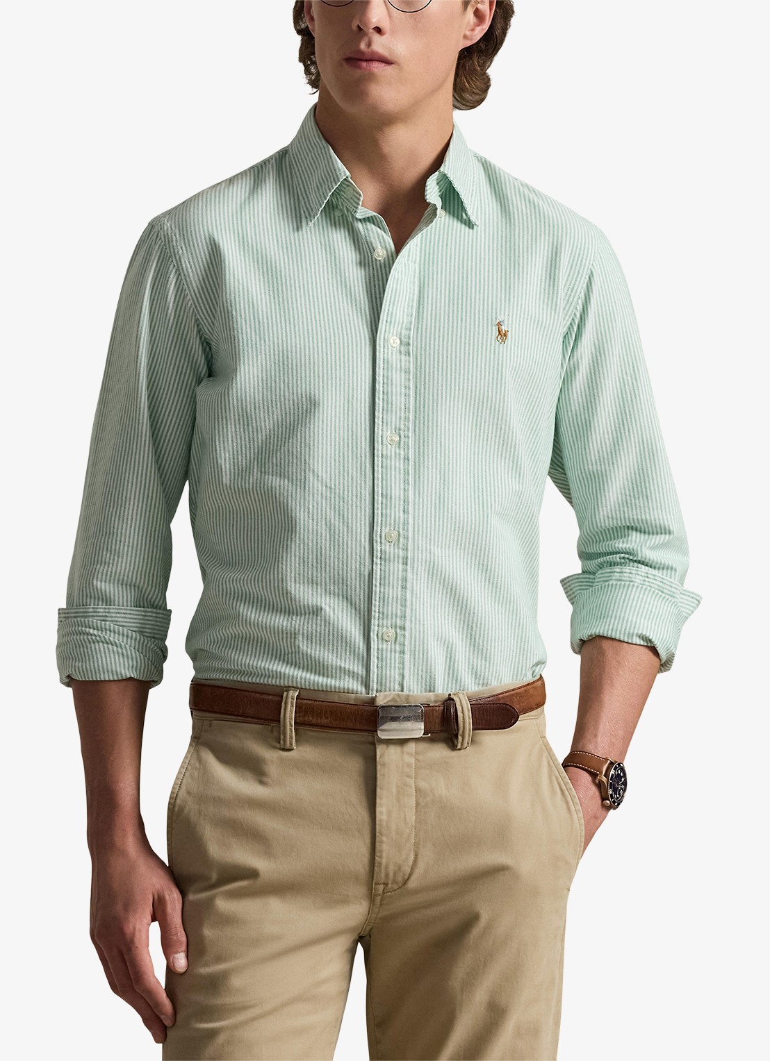 Ralph Lauren Custom fit gestreept Oxford overhemd - detail cruise green / white / lindegroen