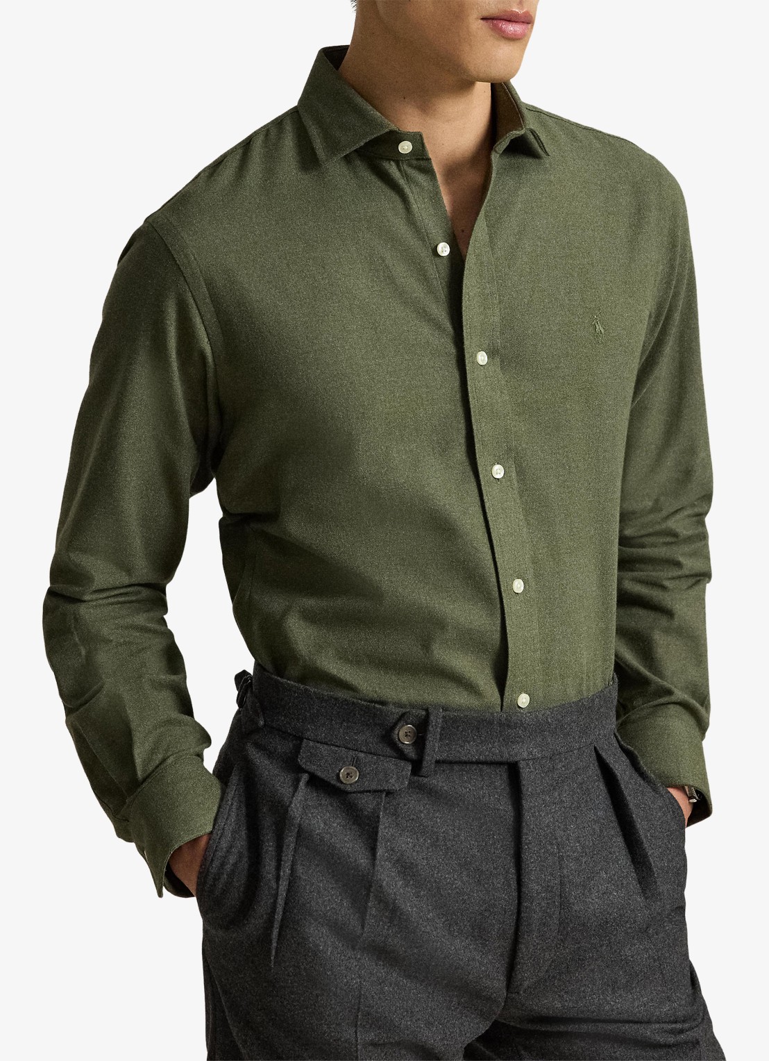 Ralph Lauren Custom fit keper performance overhemd met logo - voorkant 5 olive shrub heather / olijfgroen