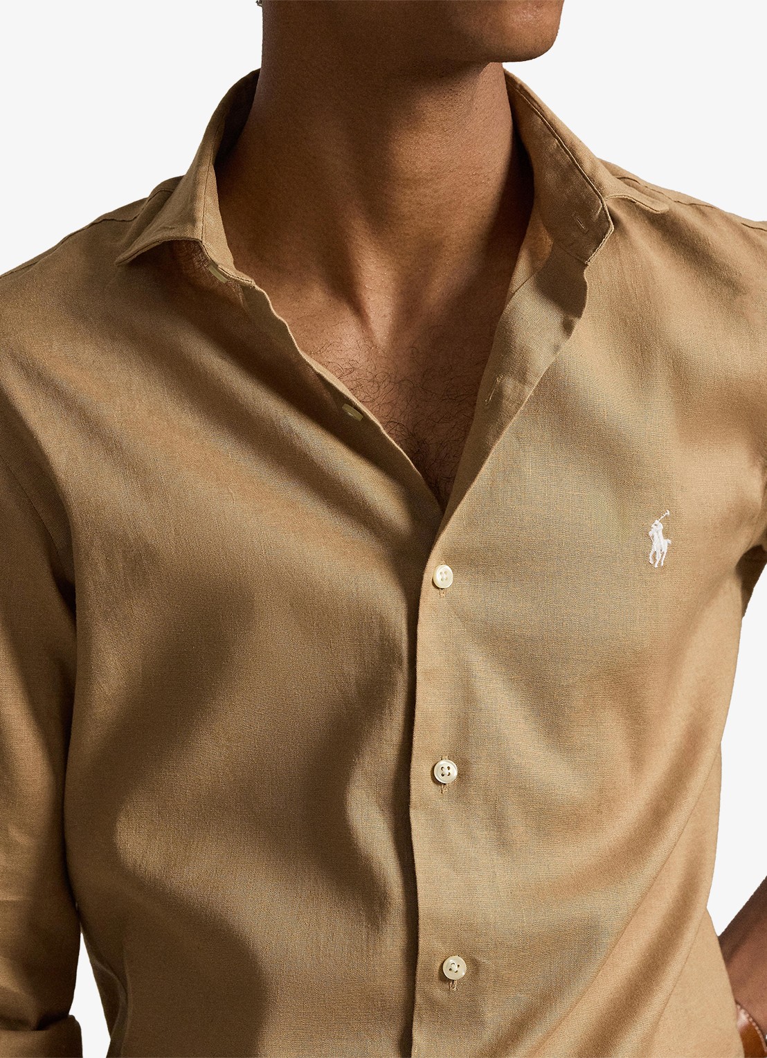 Ralph Lauren Custom fit overhemd in linnenblend met logo - voorkant 2 cafe tan / beige