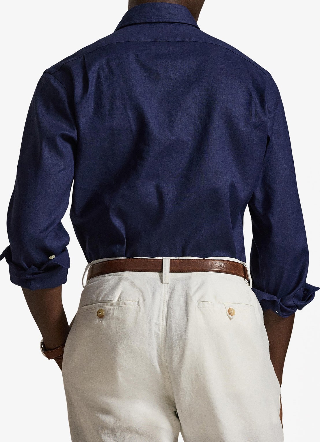 Ralph Lauren Custom fit overhemd in linnenblend met logo - achterkant newport navy / donkerblauw